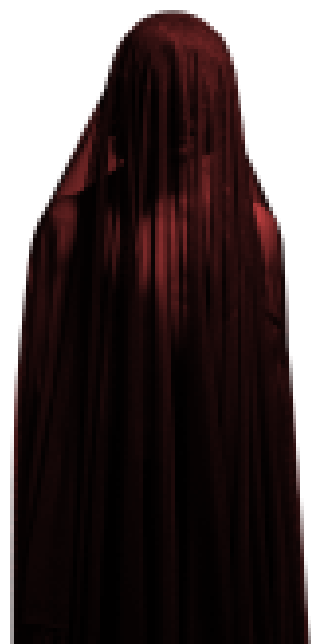 A figure fully covered by a long dark red veil